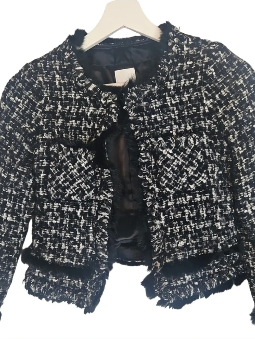 Brahmin Japanese Brand Black & White Tweed Fringe Cropped Jacket Women's Size XS
